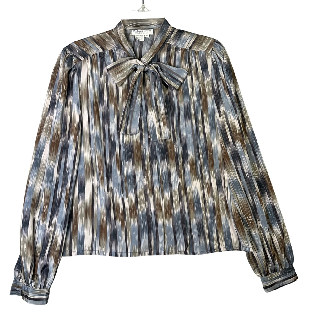 Richard Evans Vintage Pussybow Blouse Abstract Ikat Print Secretary Size 8 Blue